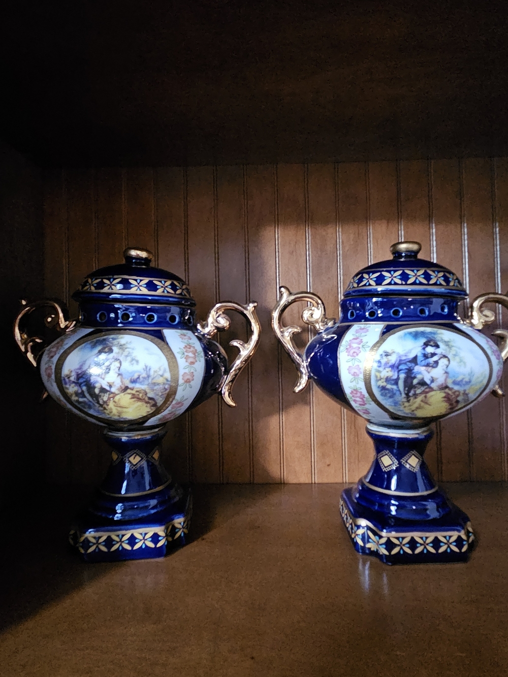 Cobalt Blue Decorative Porcelain Urn with Gold Handles - Classic Home Accent